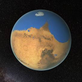 Marte hace unos 4500 millones de años, cuando poseía un gigantesco océano de agua líquida en su polo norte. Ocupaba un 19% del planeta rojo, más incluso que el océano Atlántico en proporción, aunque tenía volumen suficiente para cubrir el planeta entero con una profundidad media de 130m. (Imagen tomada de http://www.excelsior.com.mx/)